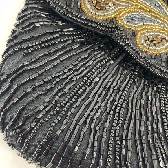 Vintage Beaded Snap Flap Corded Strap Clutch Shoulder Bag Black Small Flapper - Picture 4 of 14